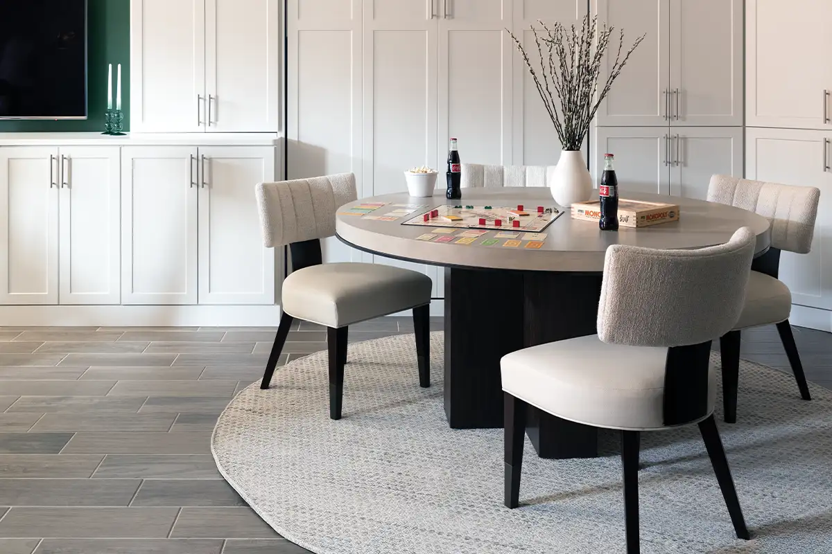 A gaming table in the basement of the French-inspired Del Ray townhouse.