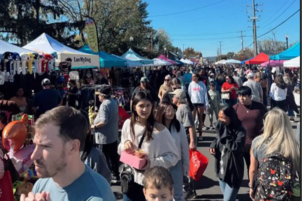 people walk in the street among the booths at Haymarket Day