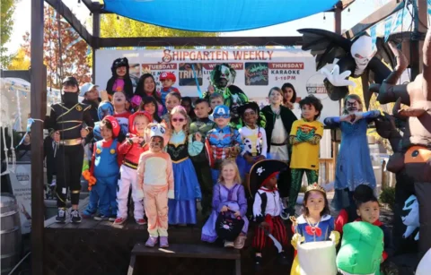 kids in costumes at the Shipgarten Trick or Treat event