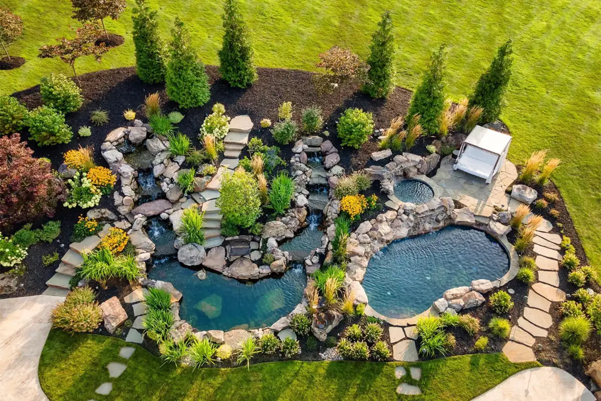 Water features and landscaping at 7484 Wilson Rd. 