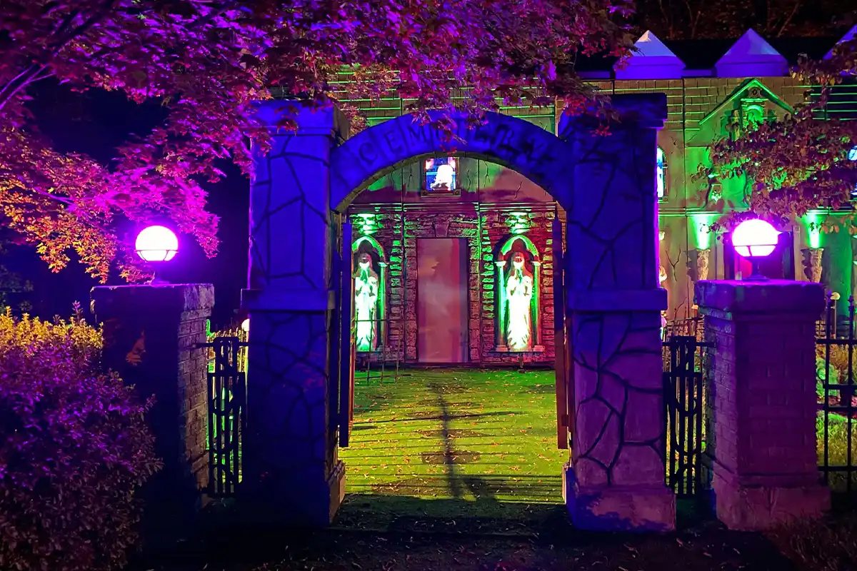 cemetery arch in front of house