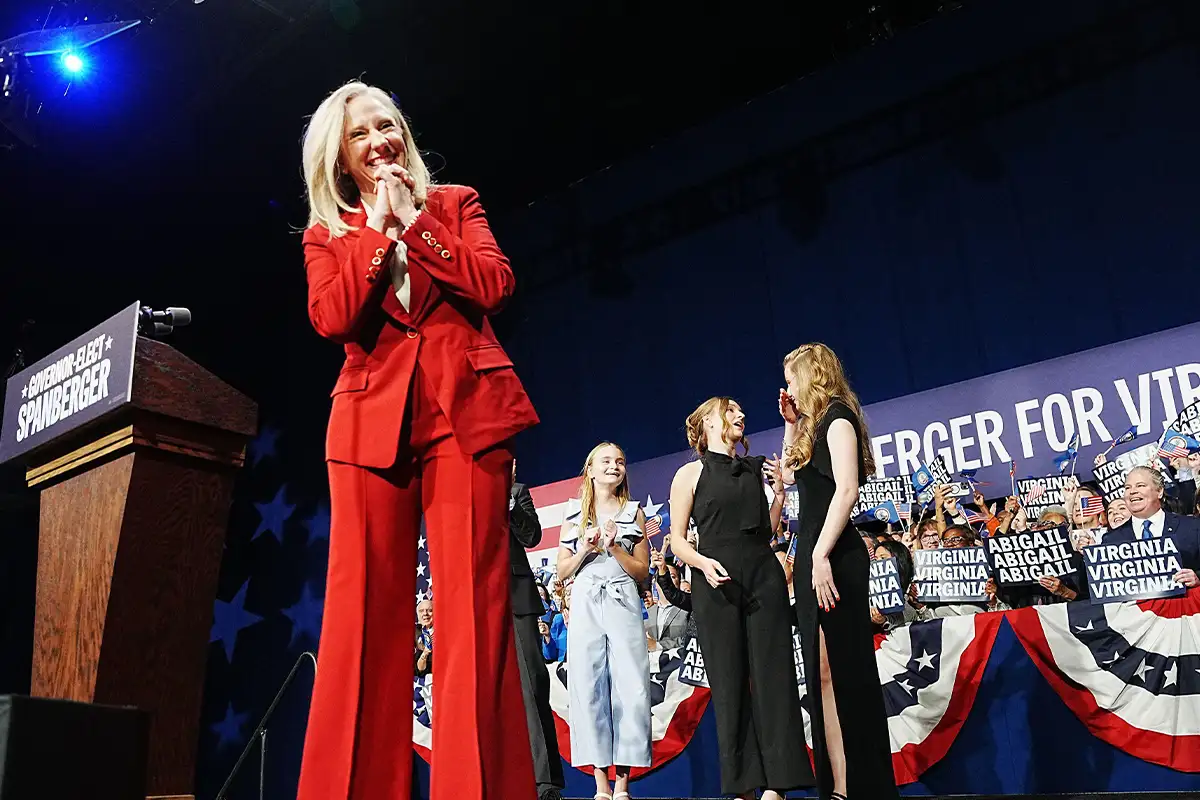 Abigail Spanberger on stage after winning the gubernatorial election