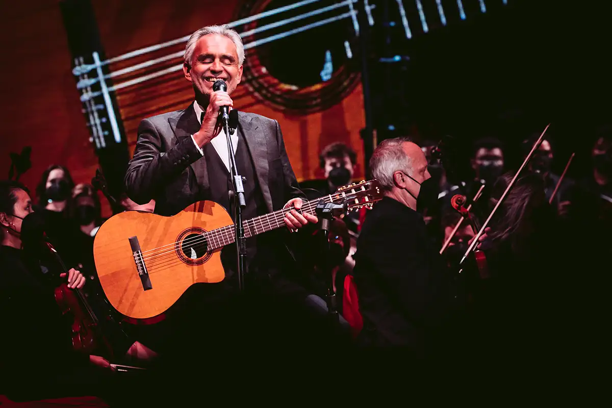 Andrea Bocelli performing.