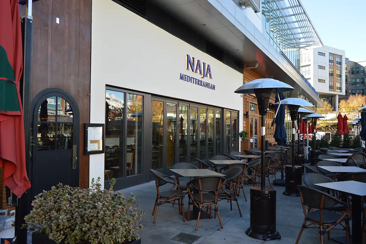 The patio and front entrance to NAJA Mediterranean in the Mosaic District. 