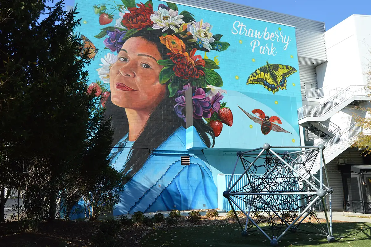 The mural in Strawberry Park in the Mosaic District. 