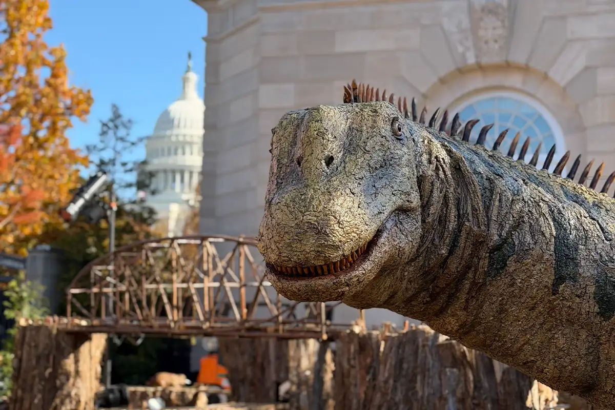 A dinosaur figure made from plant parts at the U.S. Botanic Garden holiday exhibit 