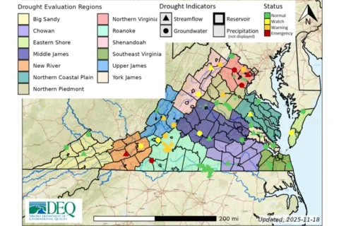Map of drought indicators in Virginia, showing drought watch in much of Northern Virginia