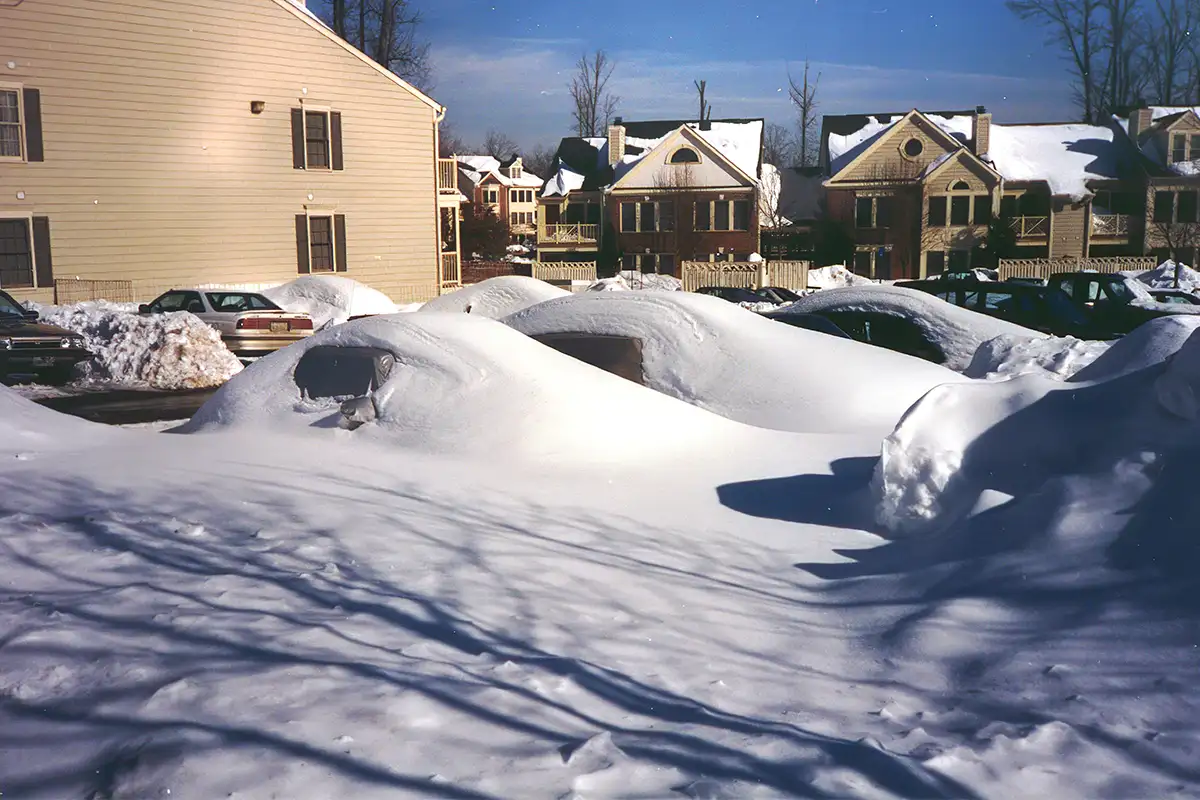 Snow covering road and cars