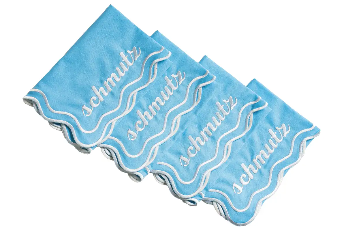 Light Blue Schmutz dinner napkins: $58 for a set of four at The Nosh Table, thenoshtable.com