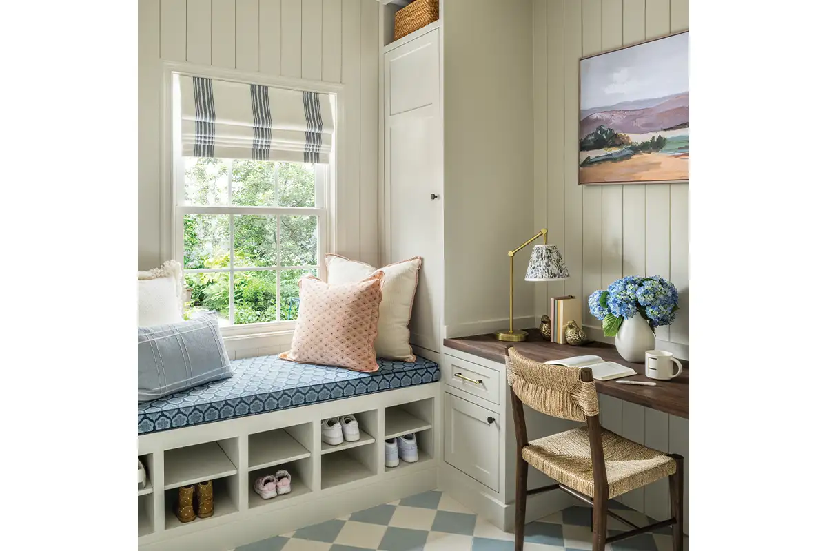 Small space with desk and shoe storage