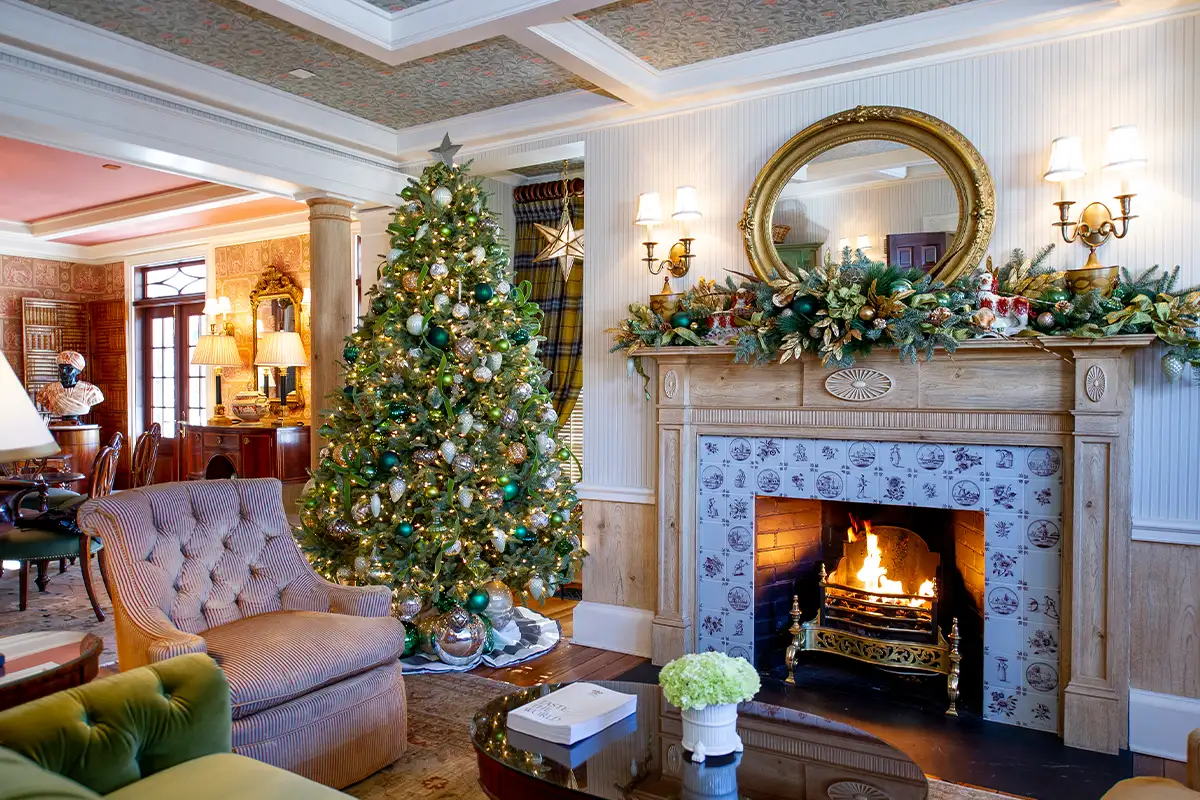 a Christmas tree and holiday decor at the Inn at Little Washington