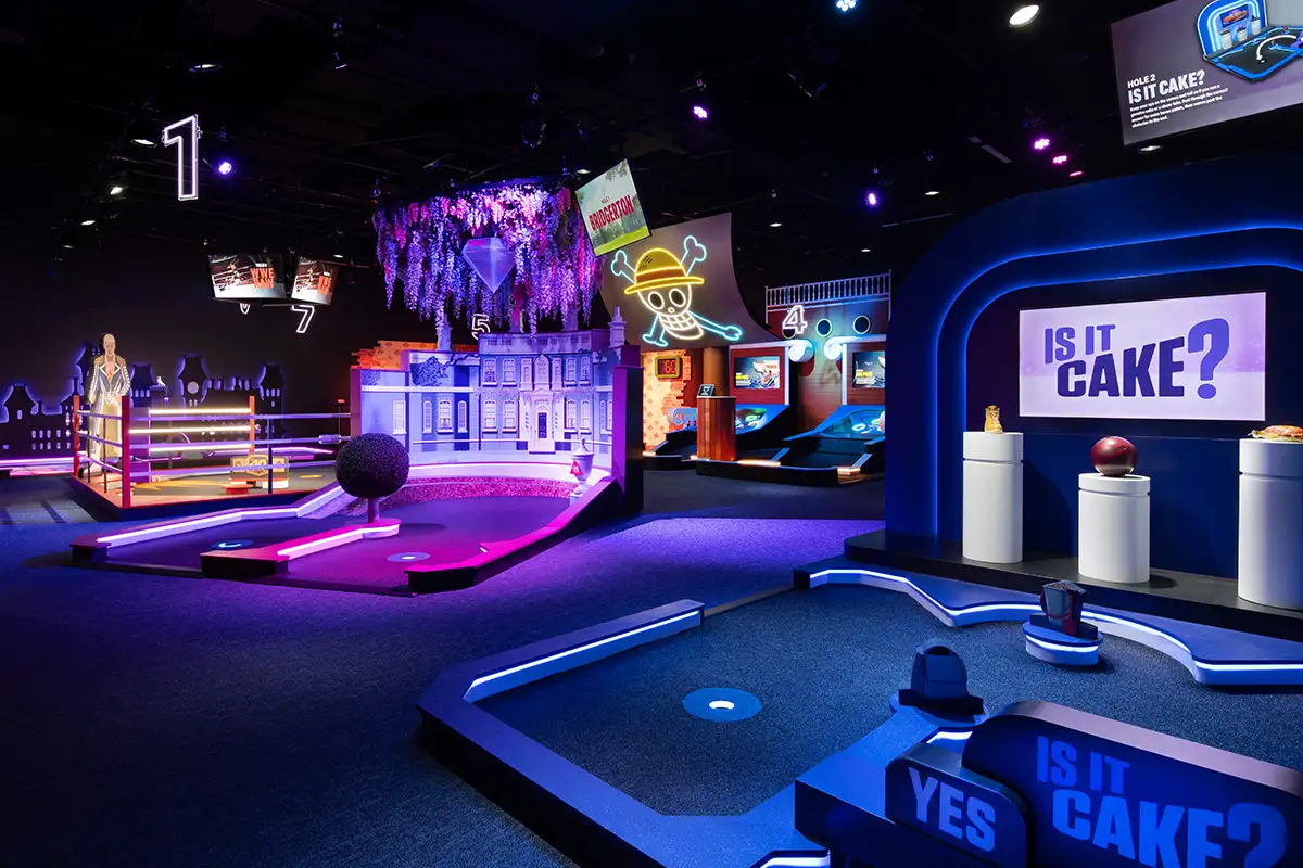The nine-hole mini-golf inside the Netflix House Philadelphia