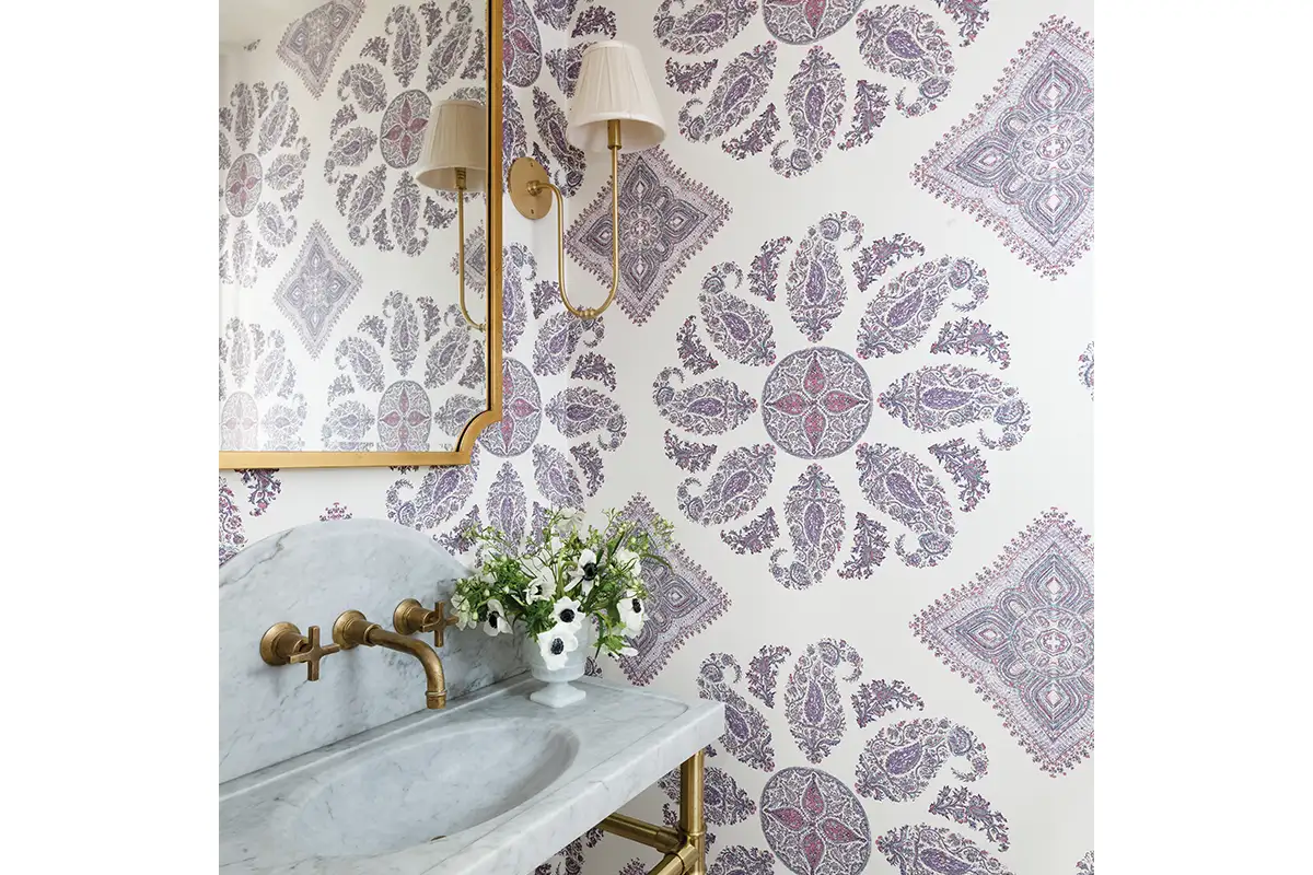 Powder room with purple patterned wallpaper