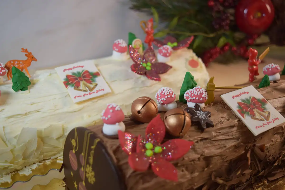 Two Christmas Yule log cakes from The Swiss Bakery