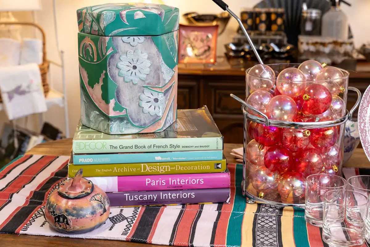 Vintage ornaments and books at Urban Redeux