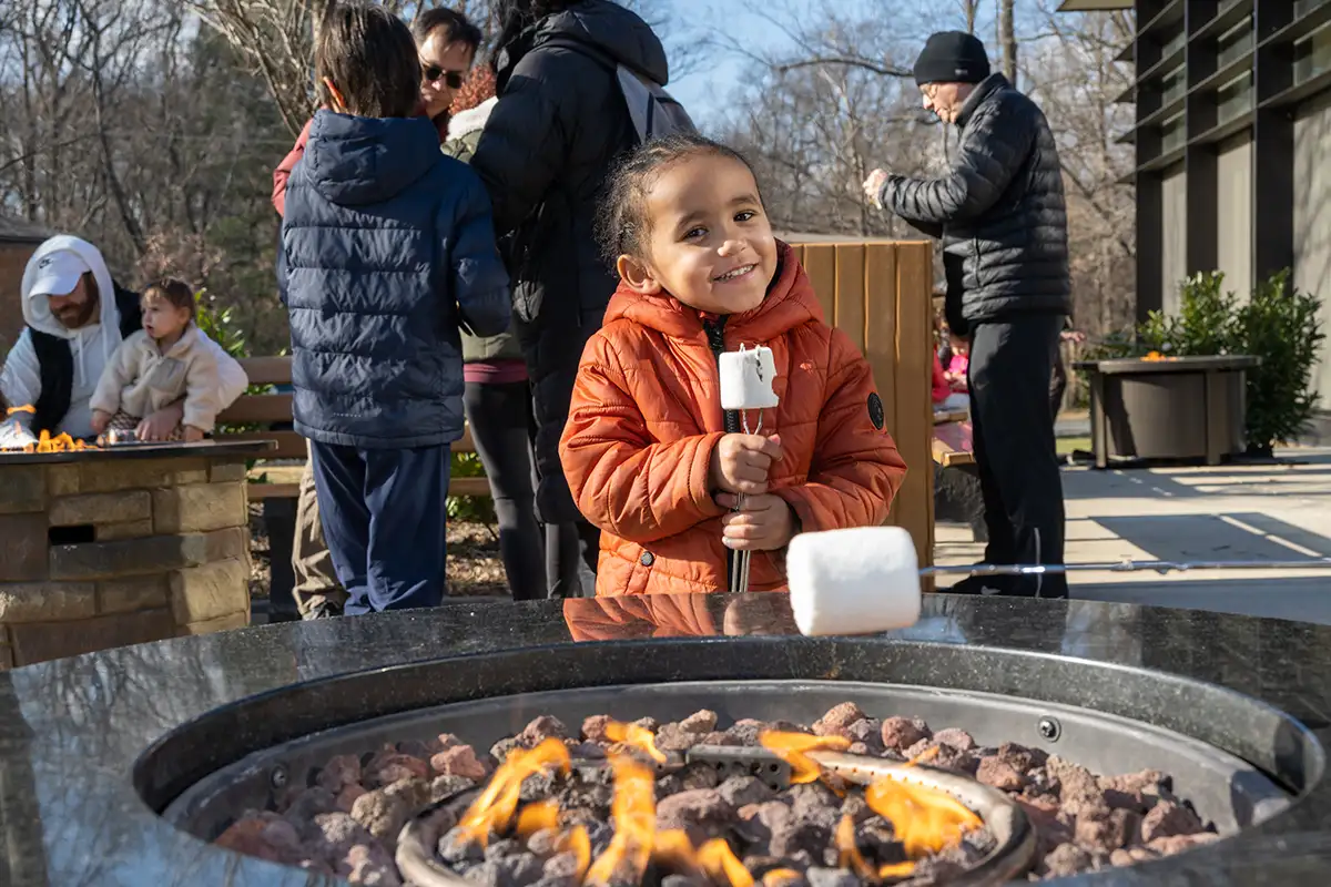 a young girl holds a marshmallow on a skewer in front of an outdoor fire pit