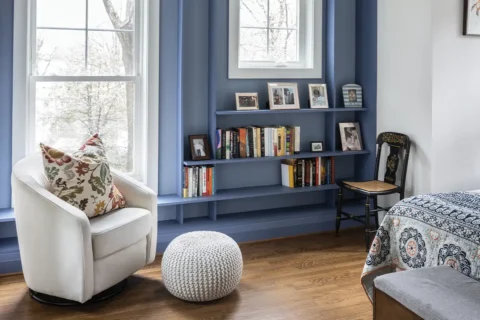 A book nook with built-in shelves