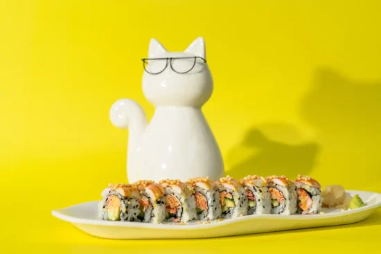 Neko Panchi Sushi on a yellow background with a white ceramic cat figurine