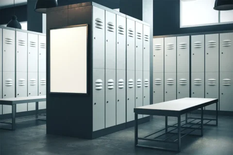 an empty school locker room with lockers and bences