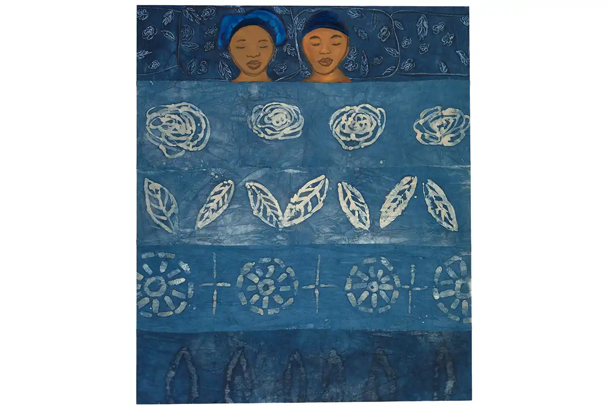 “Stitched to You,” Sola Olulode, Painting, Oil, acrylic, thread, indigo, batik and oil pastel on canvas H x W x D: 177.8 × 149.9 cm (70 × 59 in.)