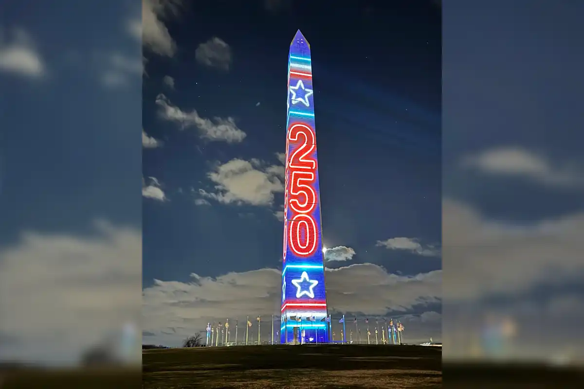 washington monument with 250 logo projection