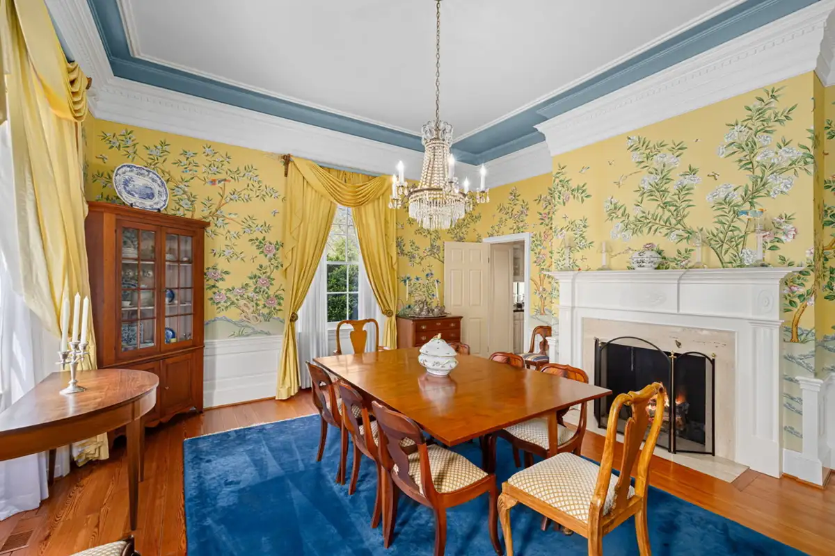 Dining room with mural wallpaper