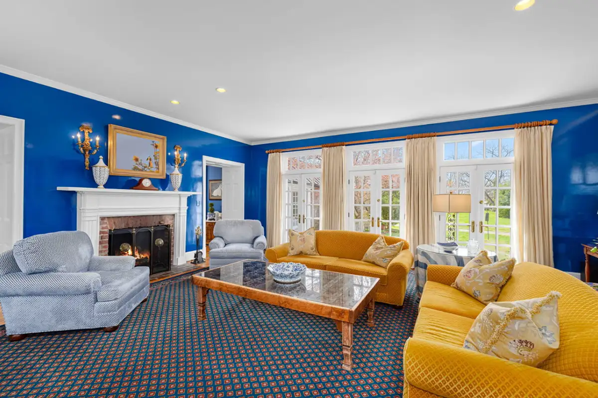 Blue family room with French doors