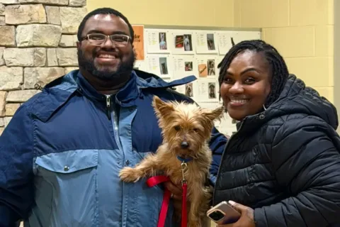 a man and woman hold a small dog