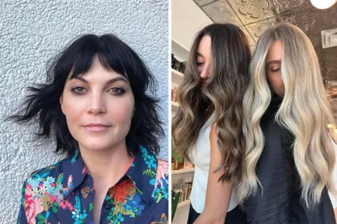 Woman with short black hair with bangs (left); two women with long hair (right)