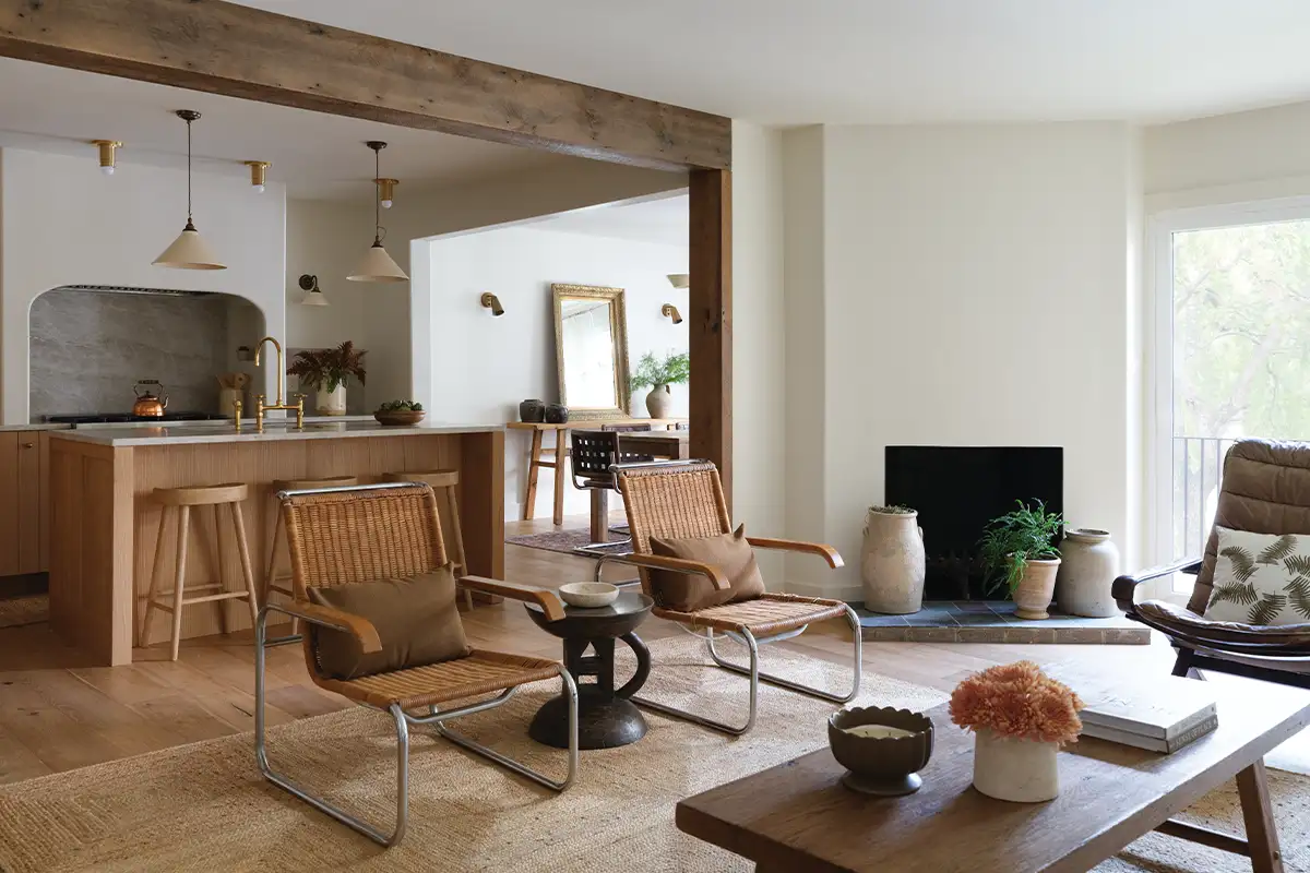 Open-concept living area in neutral tones in Reston remodeled home