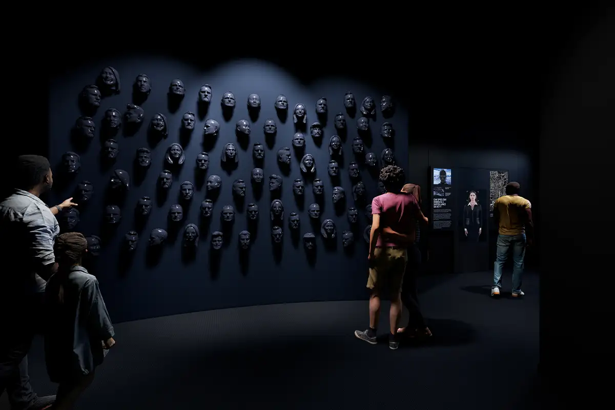 Rendering of visitors at Spy Museum camouflage exhibit