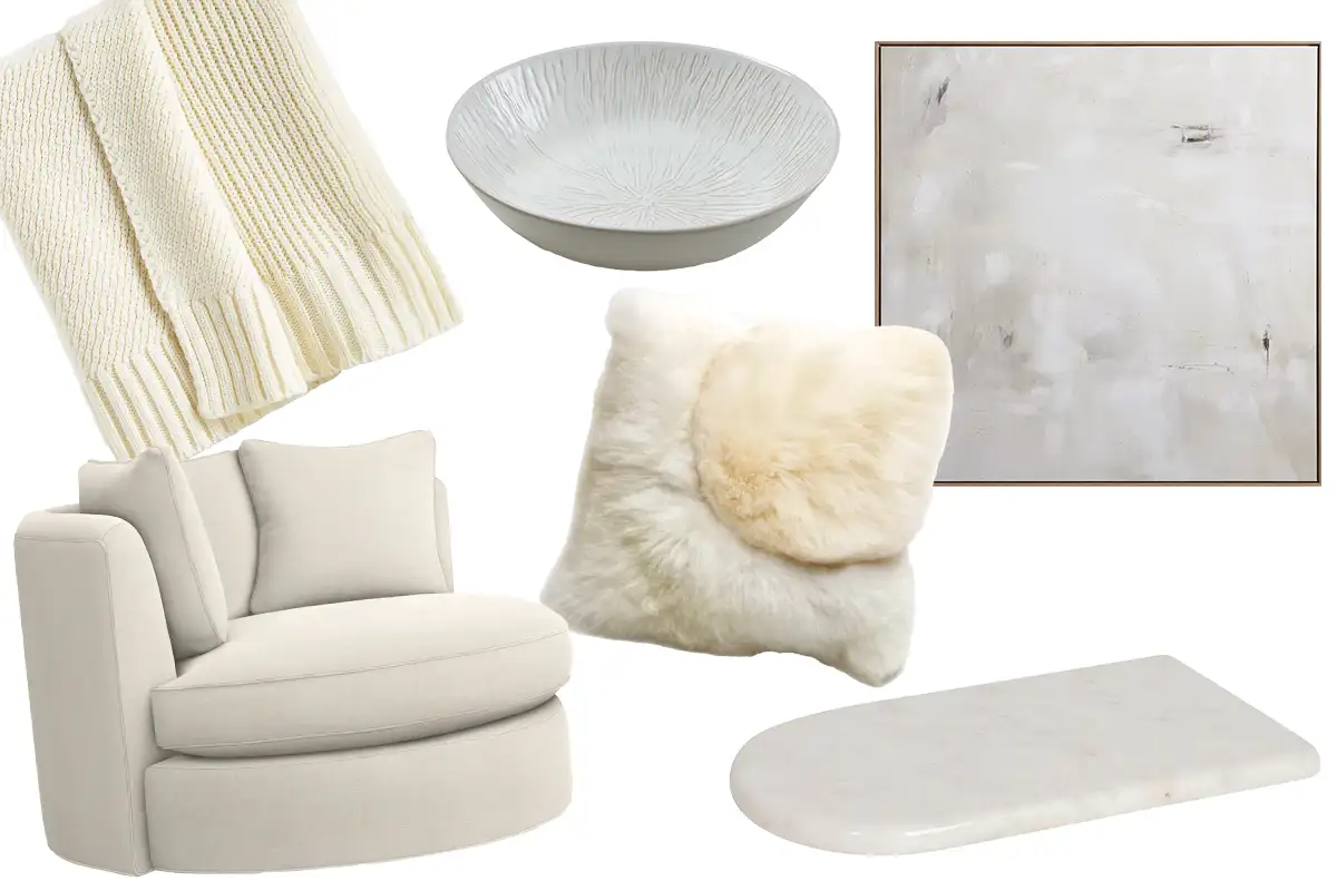 Collage of white home products: chair, throw blanket, serving bowl, tray, alpaca fur blanket, abstract painting