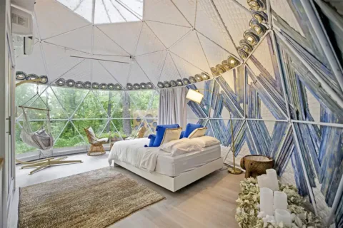Inside bedroom of glamping dome Airbnb Listing in Leesburg