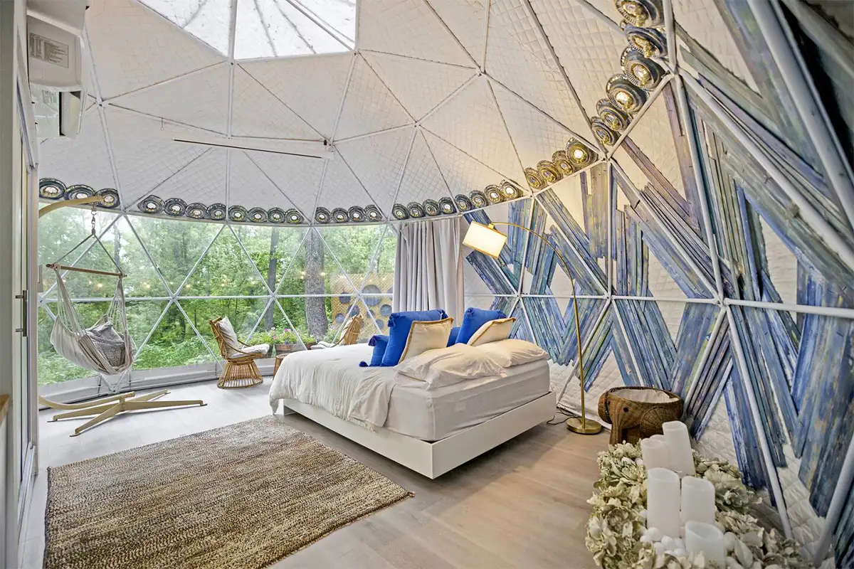 Inside bedroom of glamping dome Airbnb Listing in Leesburg