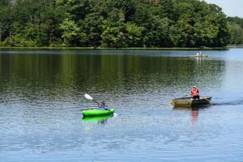 People in boats on a lake in a park