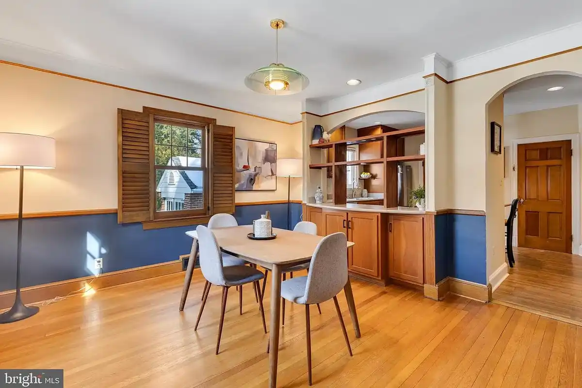 dining room with built-in shelves