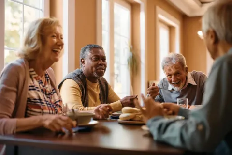 Older adults talking around table