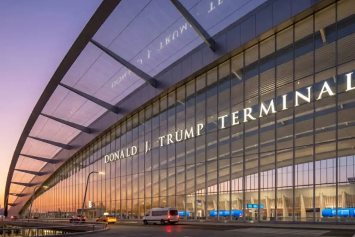 a rendering of the Donald J Trump terminal at Dulles Airport