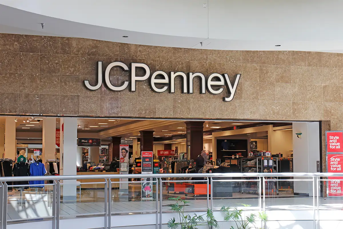 the exterior of a JCPenney in a shopping mall