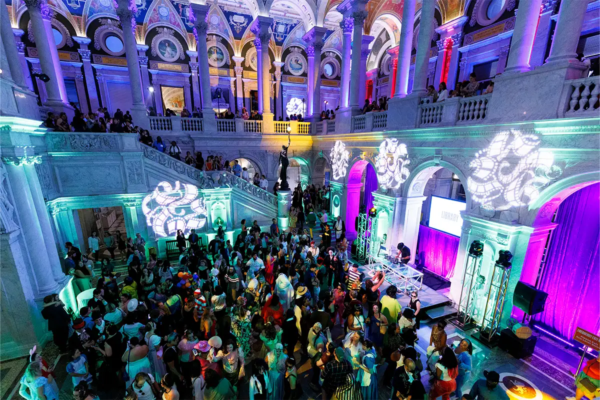 A room full of people at an after-hours event at the Library of Congress
