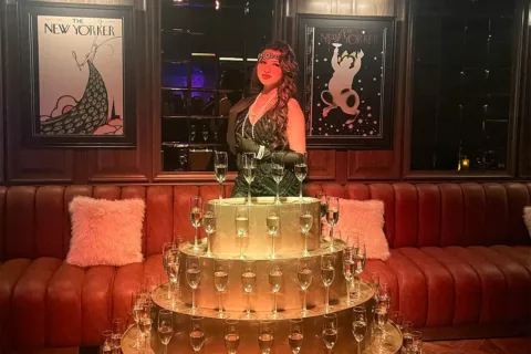 Tower of champagne flutes at Repeal Speakeasy