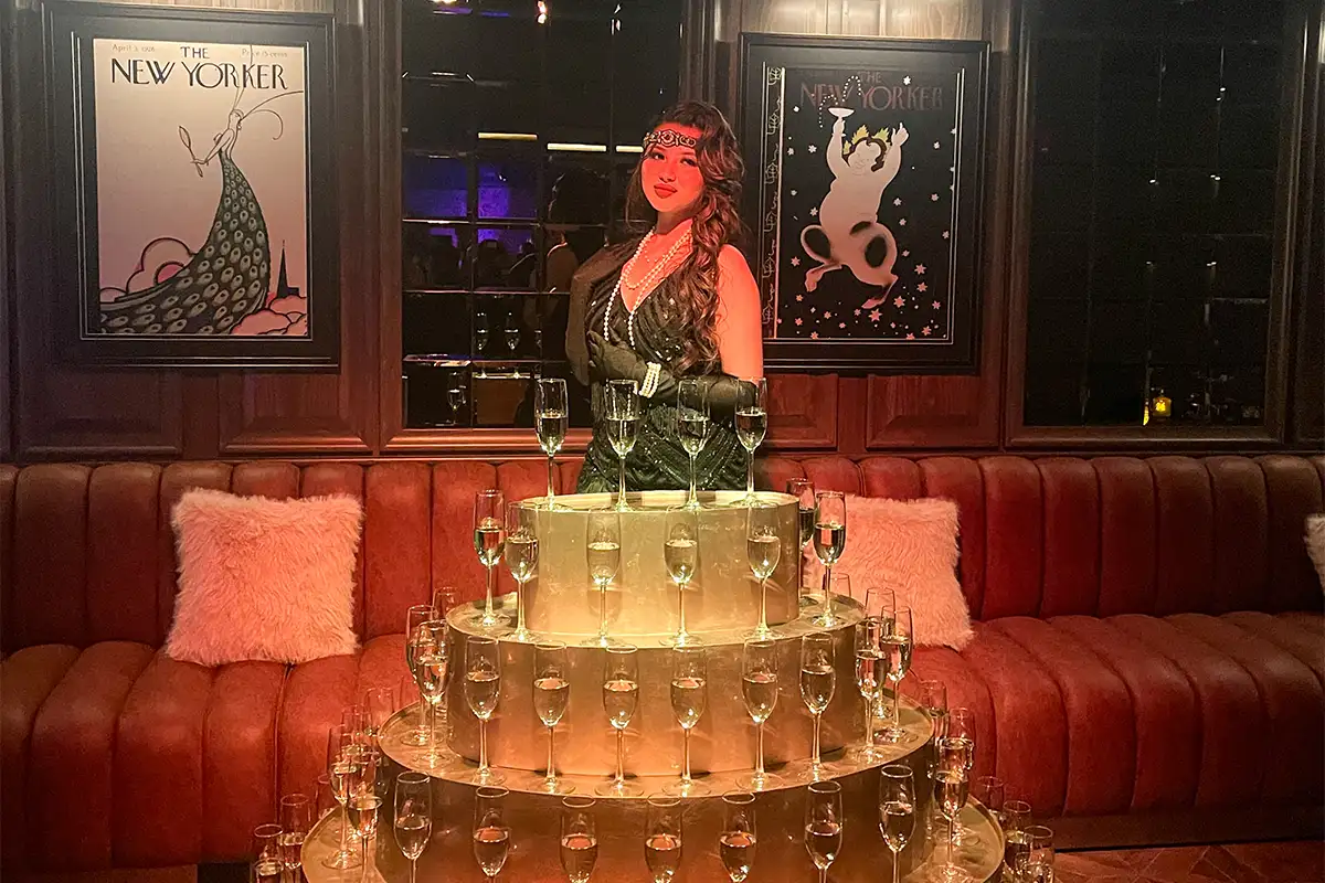 Tower of champagne flutes at Repeal Speakeasy
