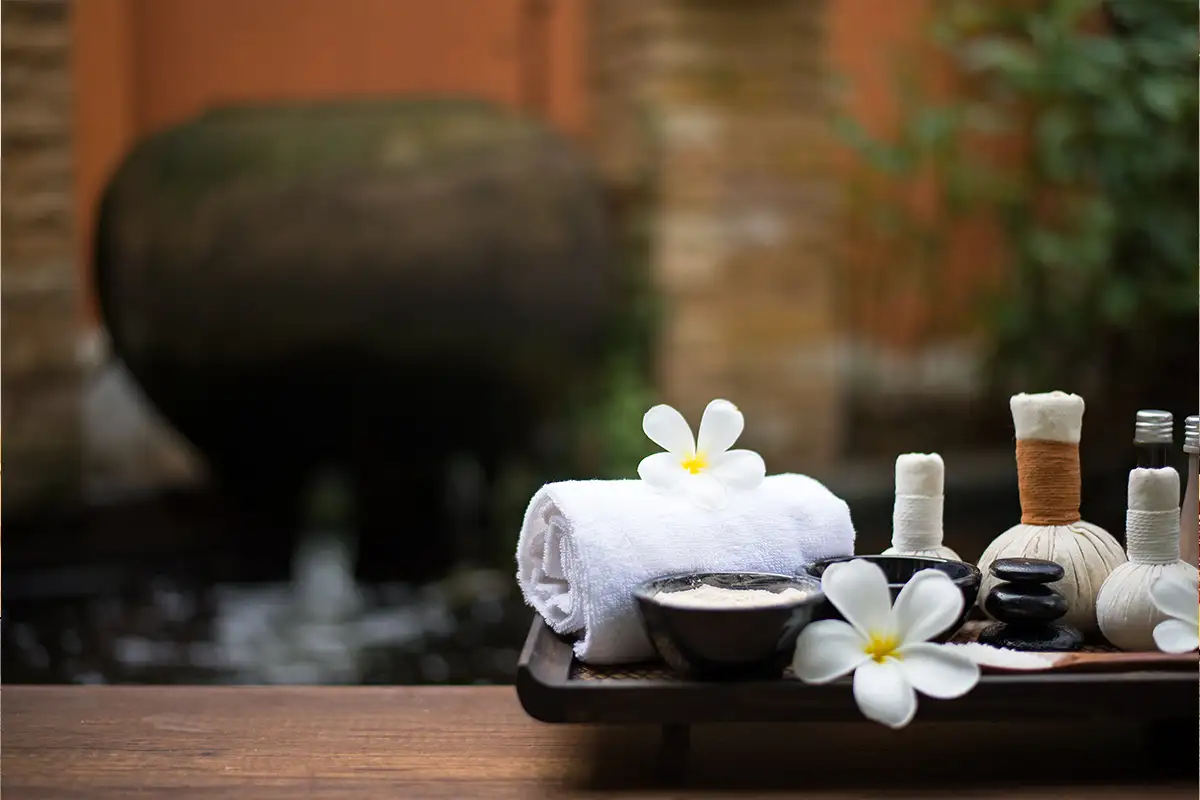 flowers and massage oils at a spa