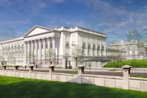 rendering of the new White House ballroom from the view of the Treasury Building, directly across the street