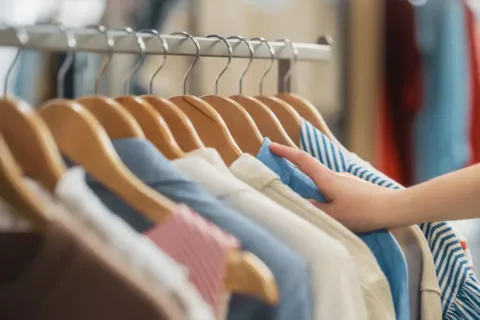 person picking up hanger from clothes rack