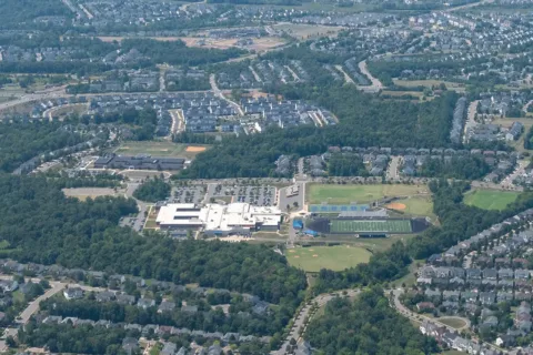 aerial view of Stone Bridge High School area in Ashburn, Virginia
