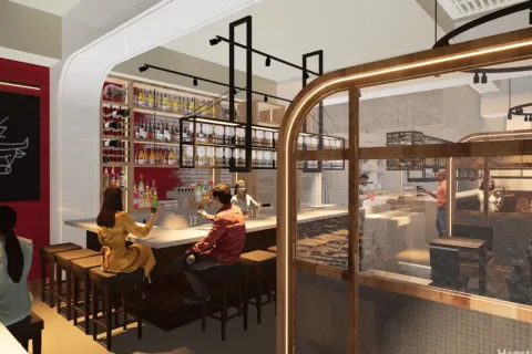 rendering of the bar and butcher shop counter at Electric Bull