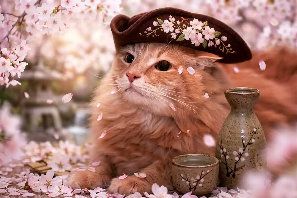 an orange cat wearing a flowered hat surrounded by cherry blossoms