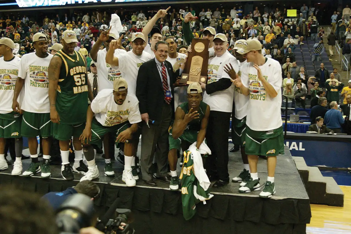 GMU celebrates winn against UConn