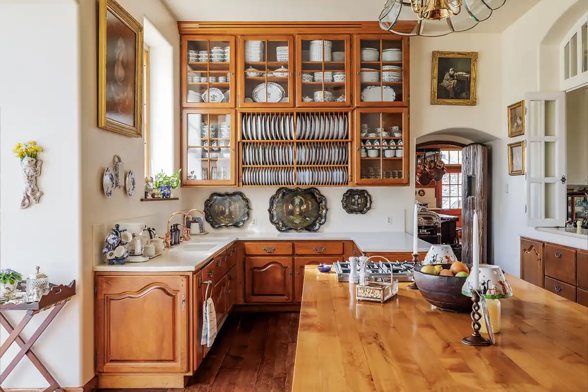 rustic kitchen with glass-paned kitchen cabinets